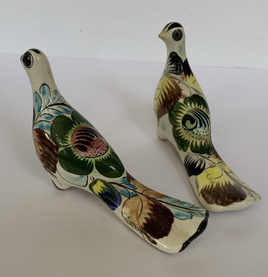 Mexican Tonala Pottery Bird/Dove Handpainted Floral Whimsical VTG Lot Of 2 Boho