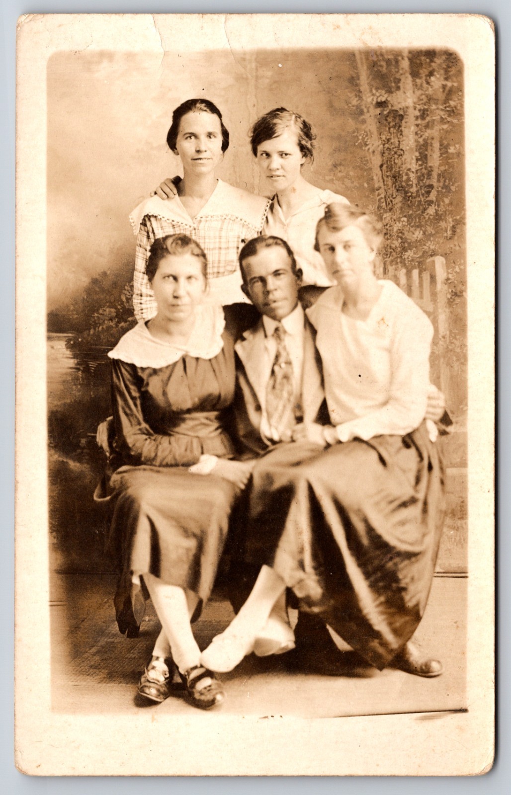 One Man & Four Women, With Two Women on his lap, in Group Real Photo Postcard One Man & Four Women, With Two Women on his lap, in Group Real Photo Postcard