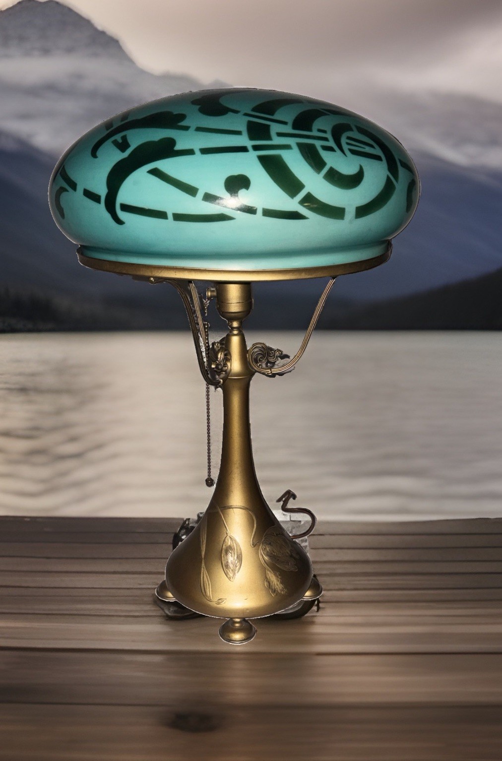 Pairpoint Art Deco 22” Mushroom Lamp With Green Glass Shade