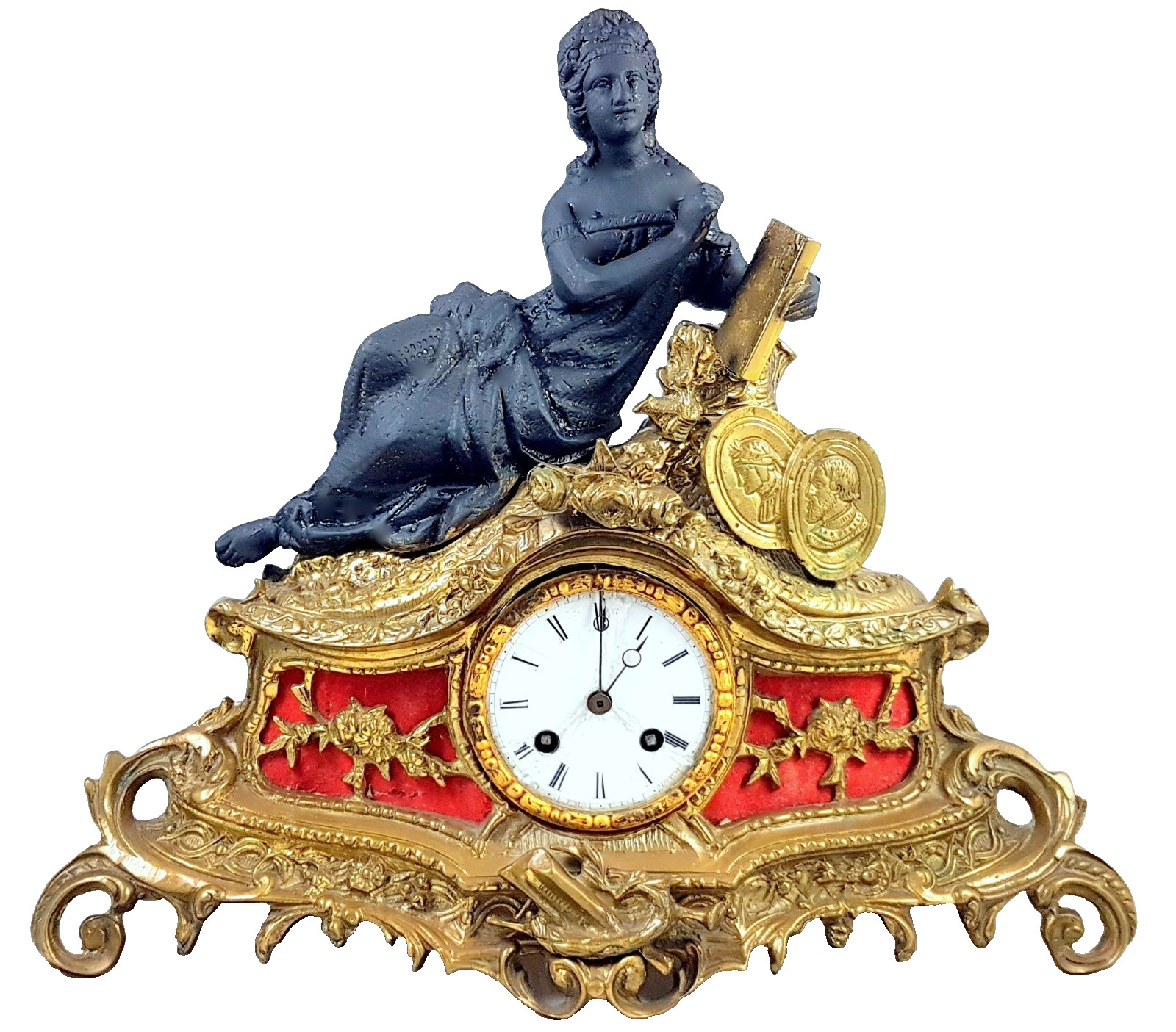 ANTIQUE French FIGURINE FIREPLACE CLOCK Pendulum bell c,a 1855