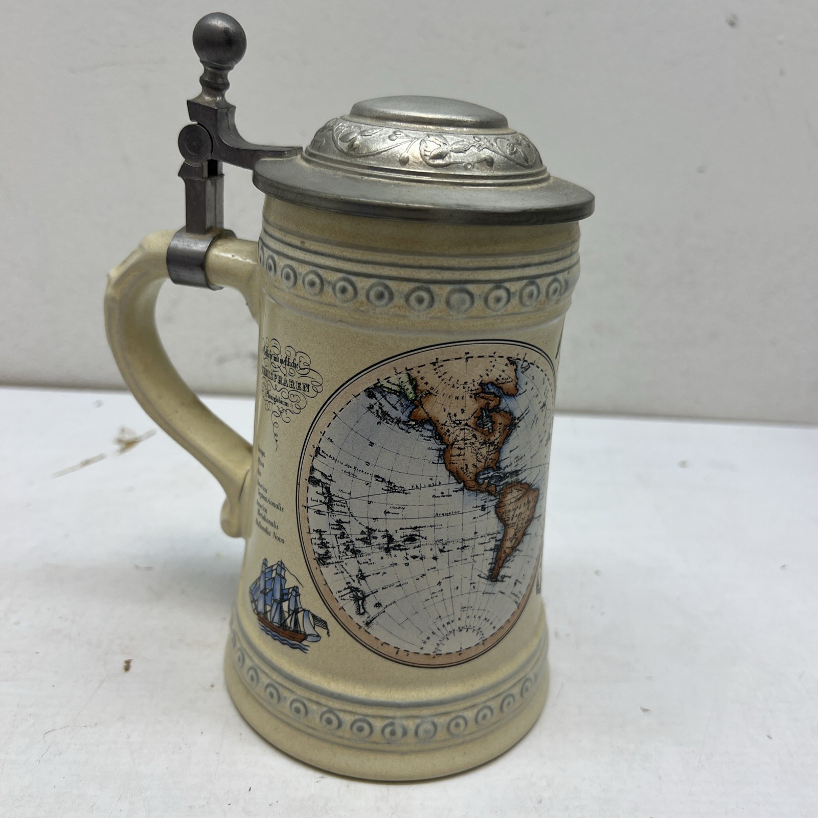 Keramik German Pewter Lidded Beer Stein with Map of the World Vintage East West
