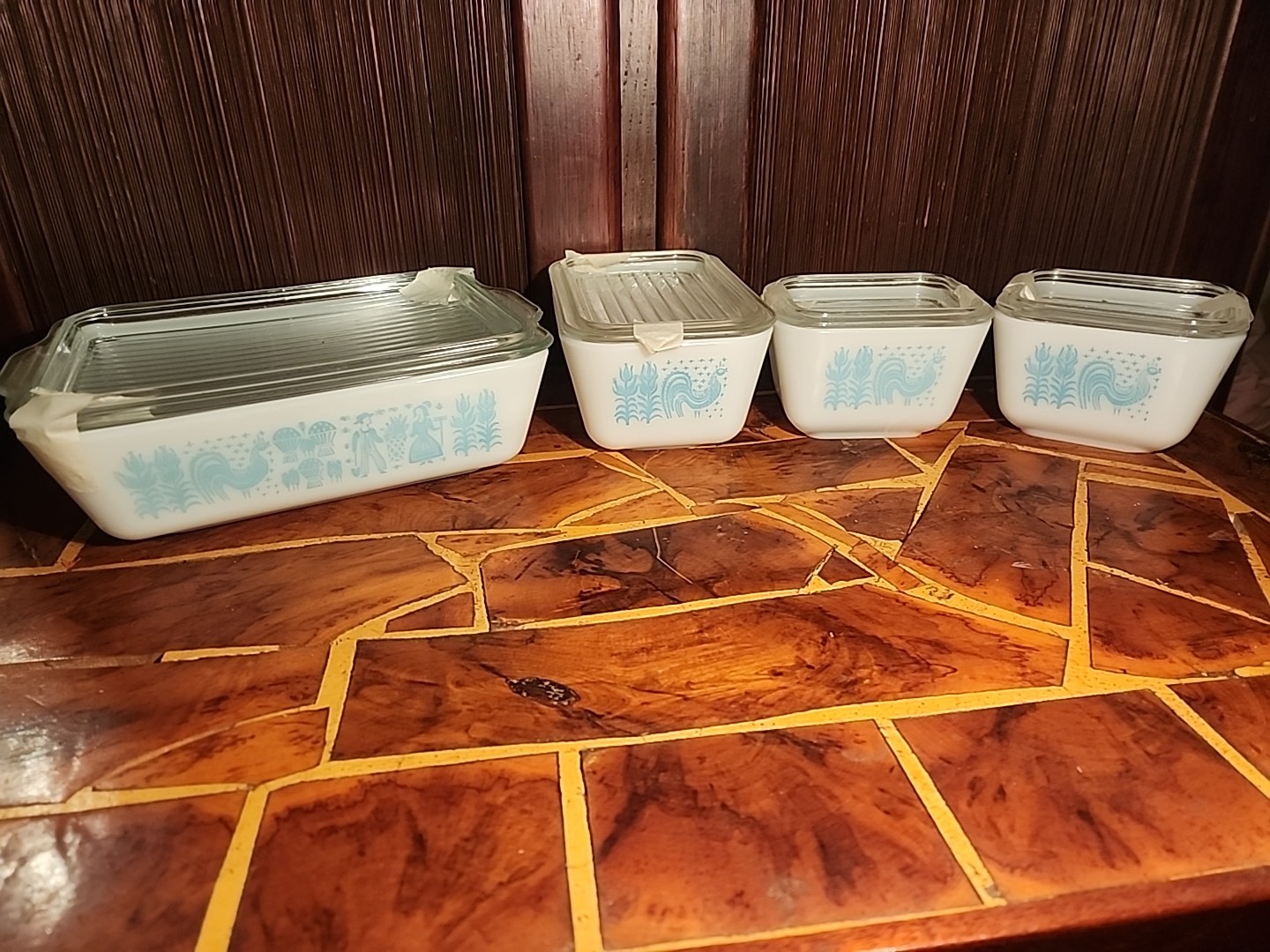 Pre 1960s Rare Full Set Turquoise Blue Amish Butterprint Pyrex Original Lids Pre 1960s Rare Full Set Turquoise Blue Amish Butterprint Pyrex Original Lids