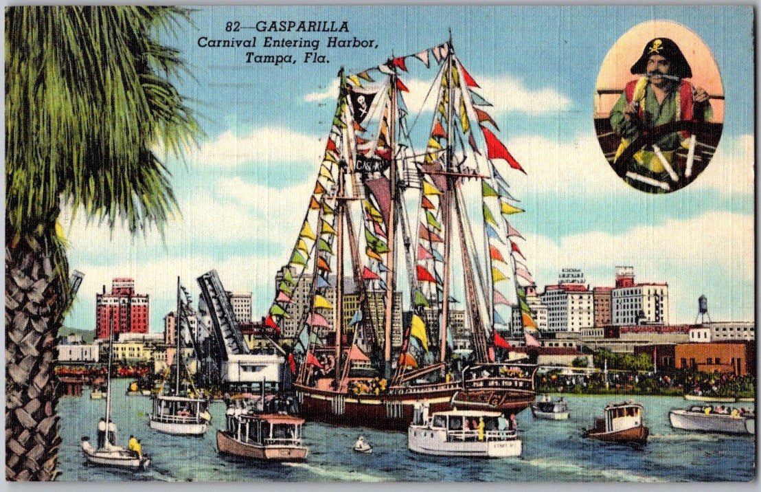 Vintage 1949 Linen Postcard, Gasparilla Carnival Entering Harbor, Tampa, Florida