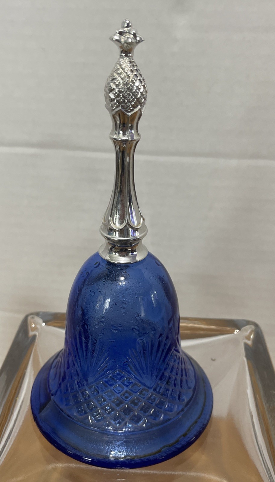 Avon Cologne Bottle Moonwind 1976 Bell Shaped Blue Glass Pineapple Handle Vtg
