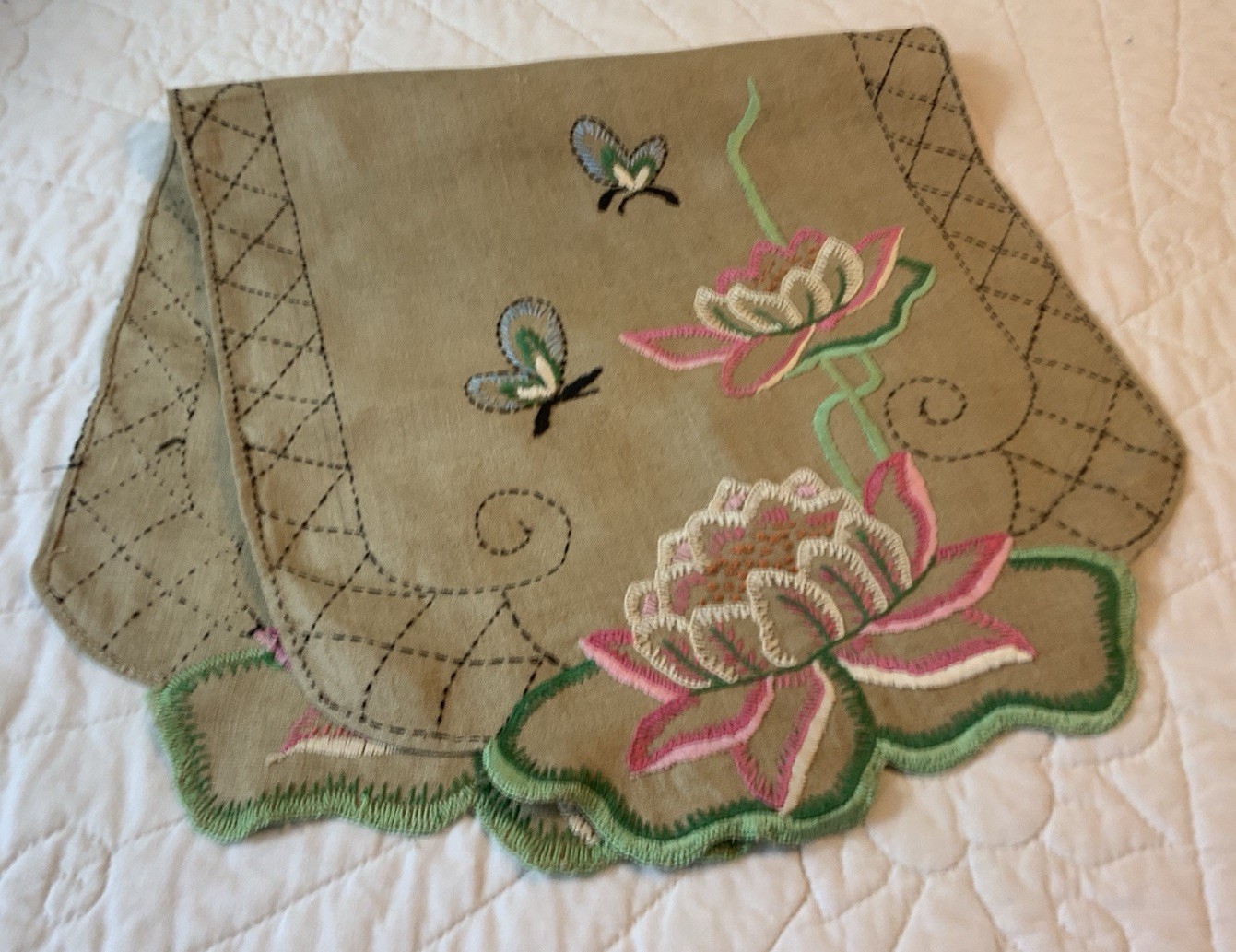 Vintage Dresser Scarf, Intricate Embroidery Design, Flowers, Butterflies, Linen