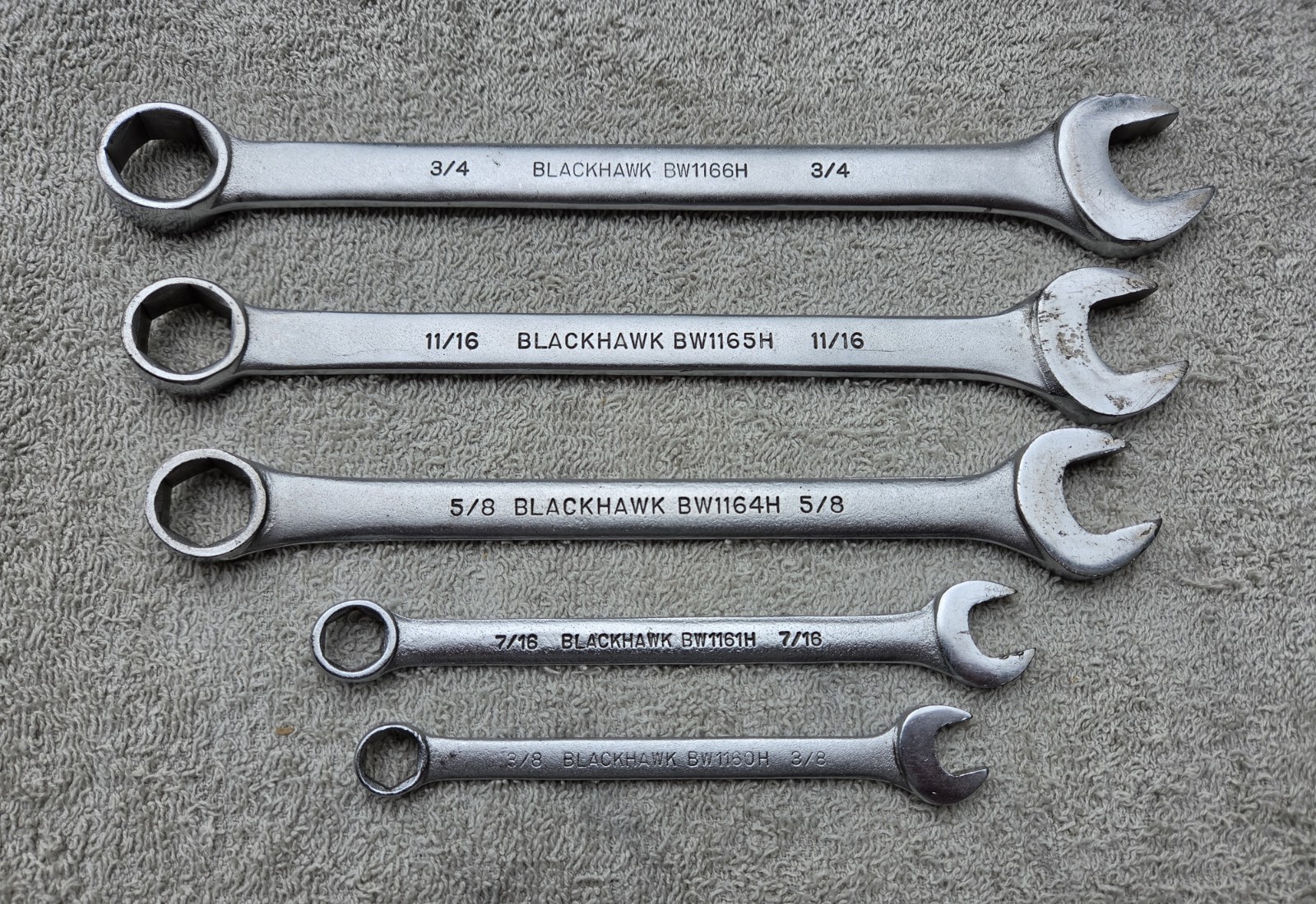 Vintage Blackhawk Set of 5 6pt SAE Combination Wrenches USA Vintage Blackhawk Set of 5 6pt SAE Combination Wrenches USA
