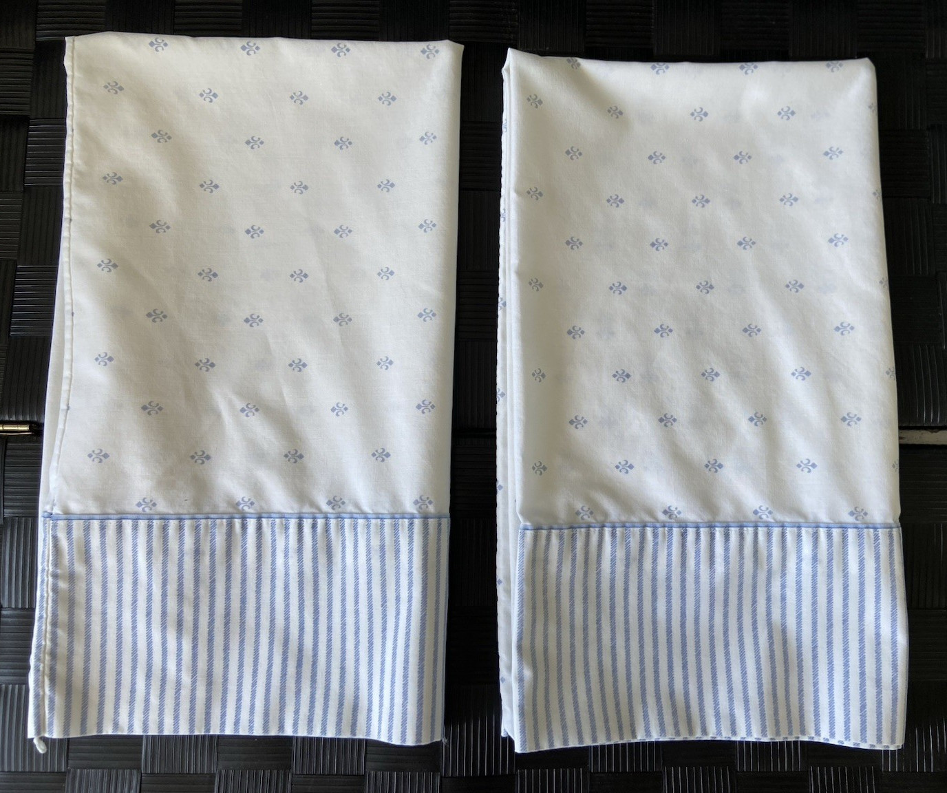 VTG Stevens 2 Shadow Weave Queen Pillowcases~Stripes+Fleur-De-Lis~No Iron