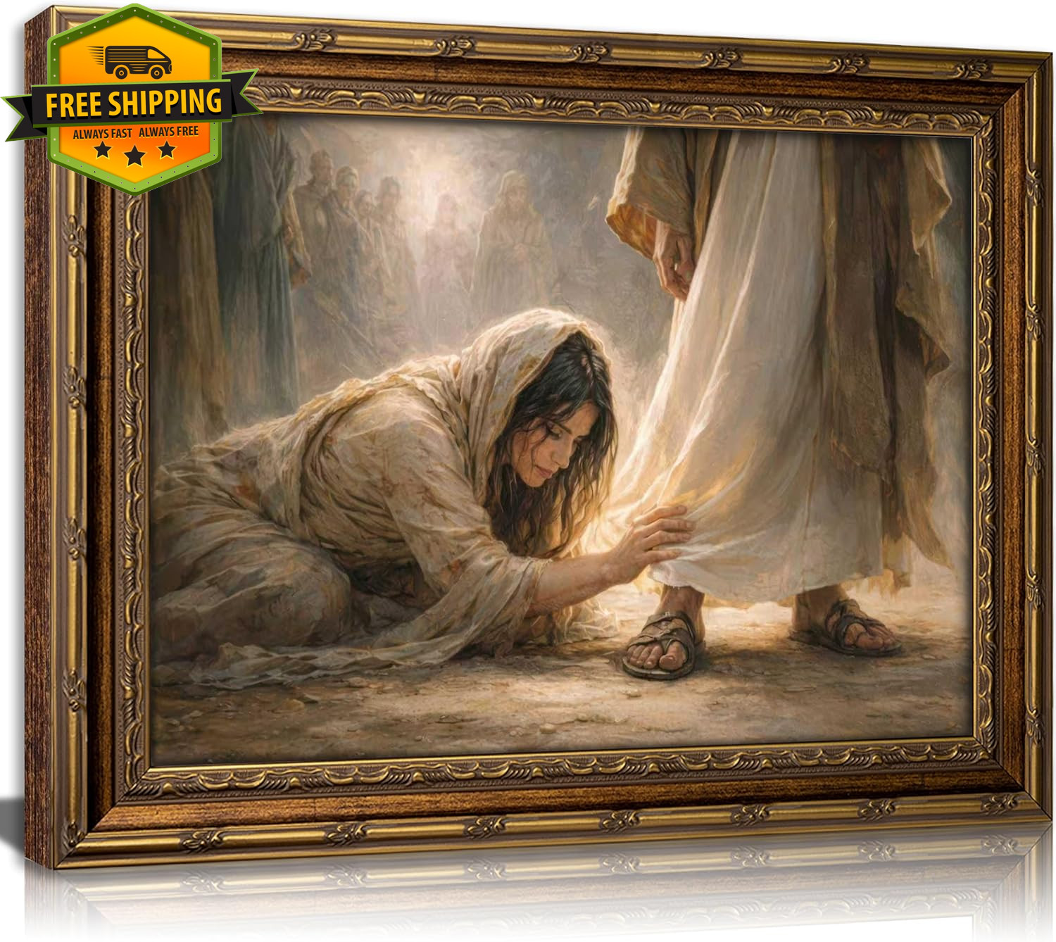 Vintage Gold Frame Jesus Wall Art Canvas 11x9 Woman Touching Robe Faith Healing