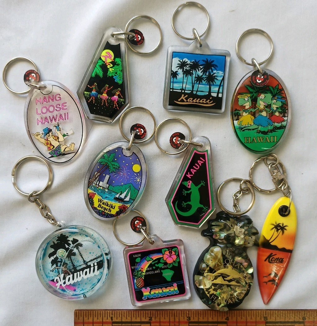 Hawaii Kauai Kona Keychains Acrylic Vintage Lot of 10 Girls, Map, Surfer, Palms