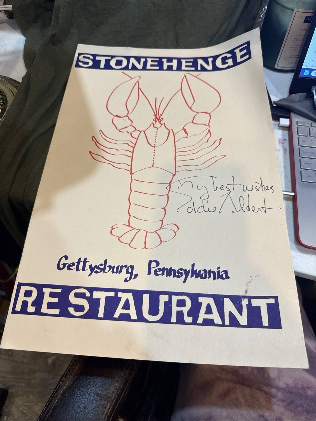 Vintage Stonehenge Restaurant (Gettysburg, Pa) Menu. Eddie Albert signature.