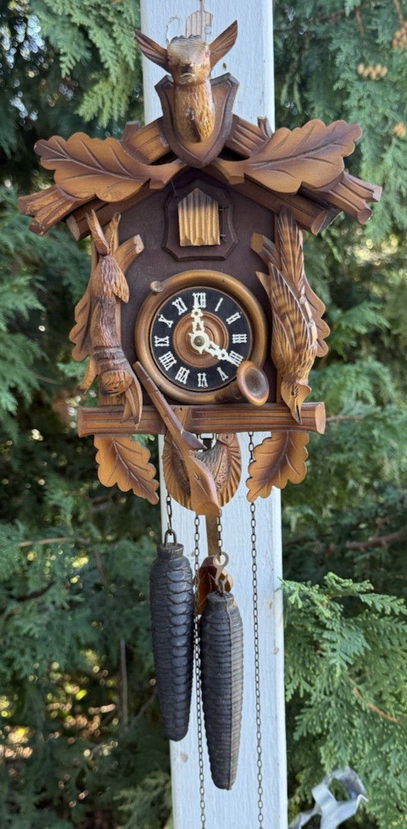 Vintage German Hunter Cuckoo Clock - RUNS - SEE VIDEO - NEEDS ANTLERS