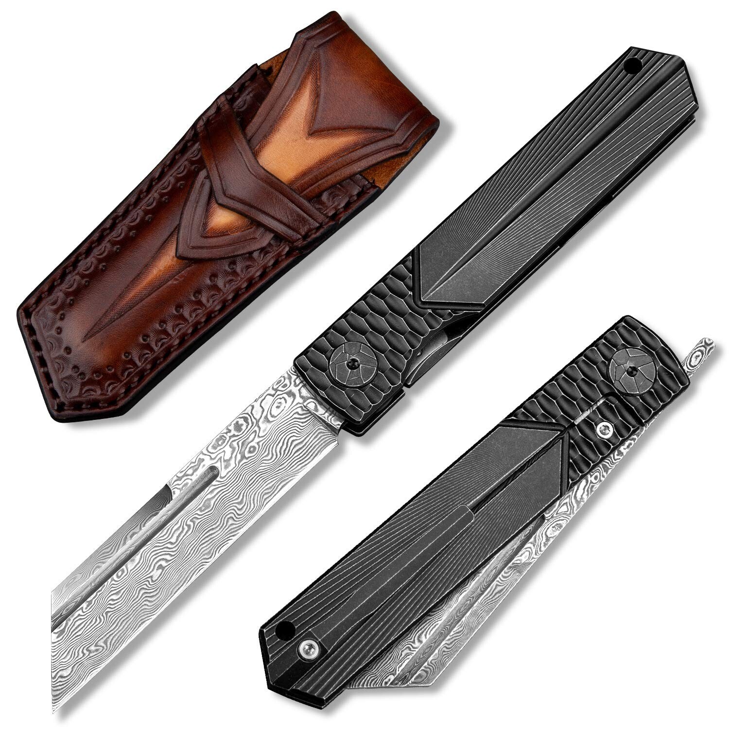 japanese higonokami folding pocket knife with leather sheath,3.3in damascus s... japanese higonokami folding pocket knife with leather sheath,3.3in damascus s...