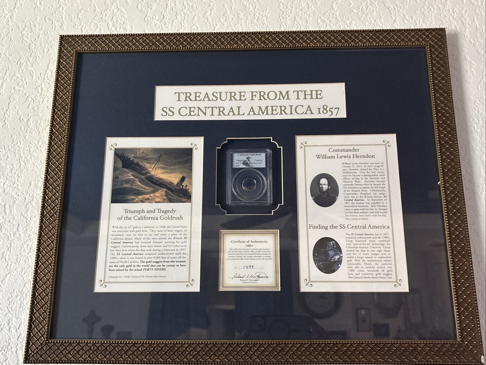 Treasure from 1857 SS Central America Shipwreck PCGS w/Gold Nugget  COA 1499