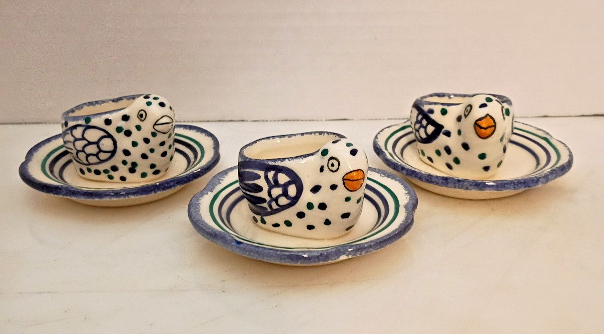 Vintage 1920s-1940s HB Quimper France chick egg cups - Set of 3