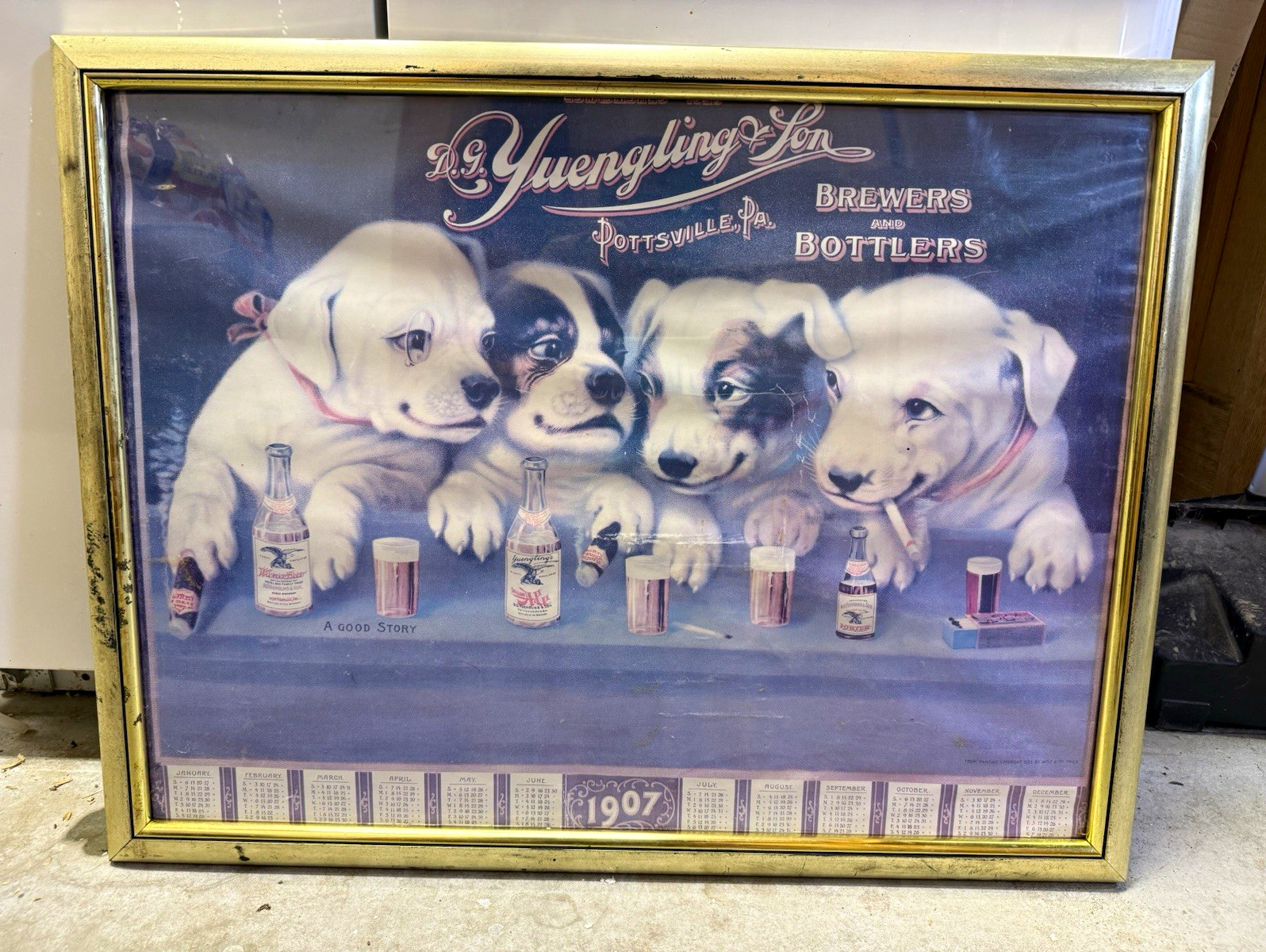 D.G. Yuengling & Son 1907 Framed Breweriana Calendar Print Puppies Graphic D.G. Yuengling & Son 1907 Framed Breweriana Calendar Print Puppies Graphic