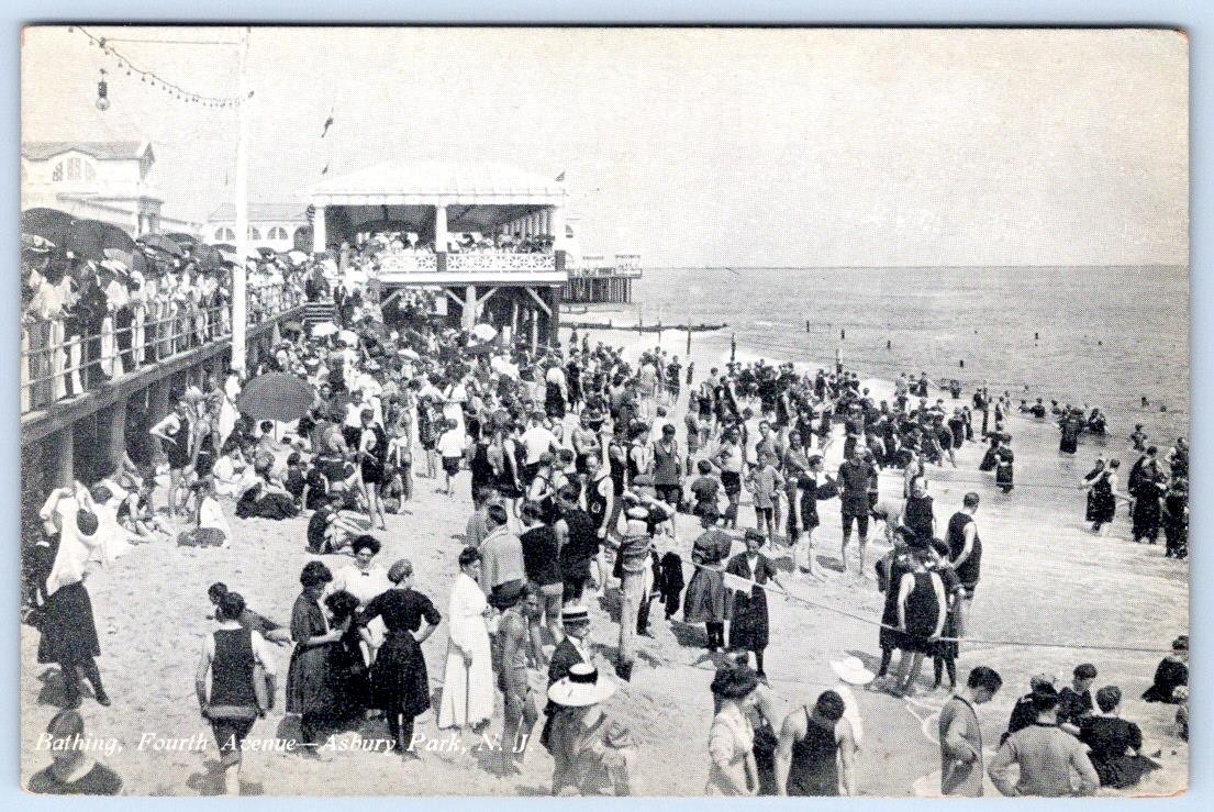 1907-10's BATHING FOURTH AVENUE ASBURY PARK NJ NEW JERSEY ANTIQUE POSTCARD