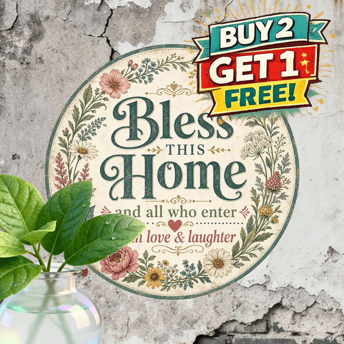God Bless This Home Heart Emblem Metal Tin Sign Round Wall Decor Plaque 8x8