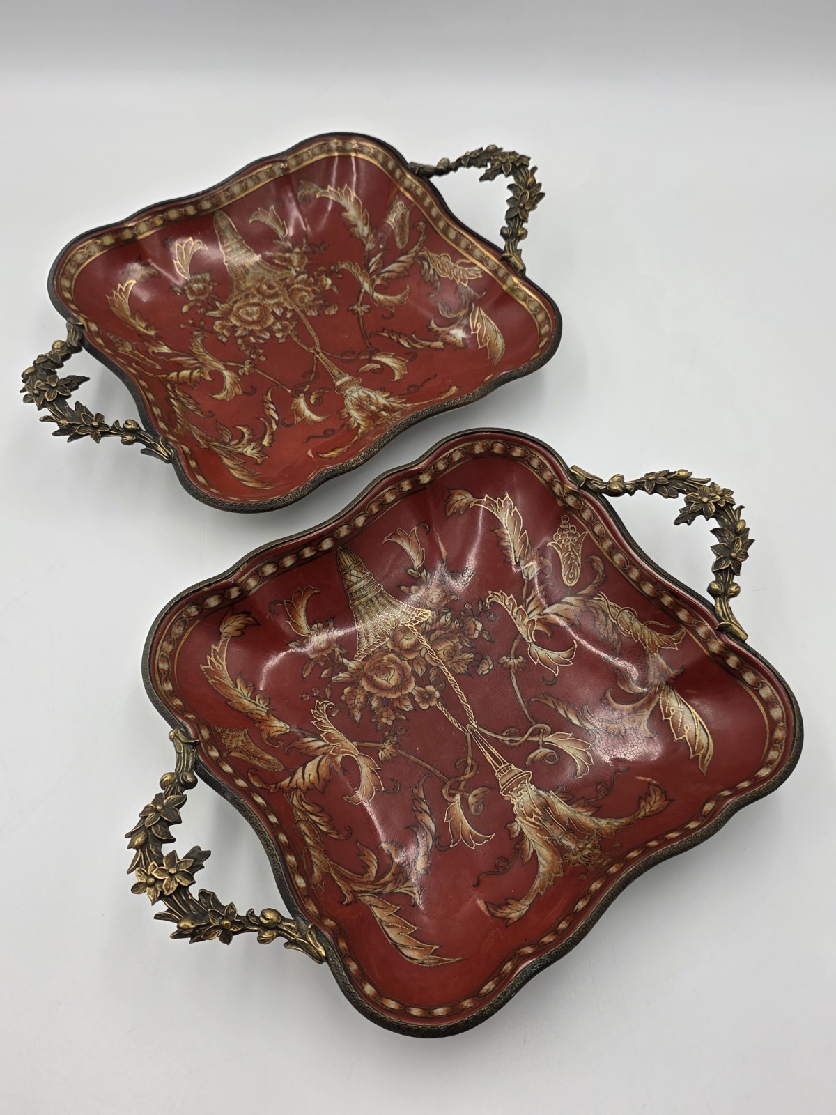 Pair Vintage Chinese Porcelain Decorative Red Plates Ornate Brass Handles Gold