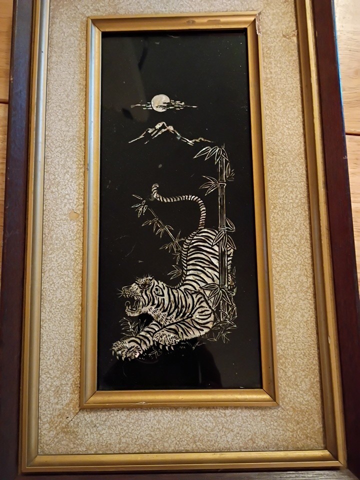 Vintage Korean Mother of Pearl Art Tiger Moon Mountain Lacquer Wall Decor Framed Vintage Korean Mother of Pearl Art Tiger Moon Mountain Lacquer Wall Decor Framed