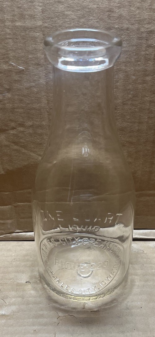 Vintage 1943 Charles City Creamery Quart Embossed Milk Bottle Iowa