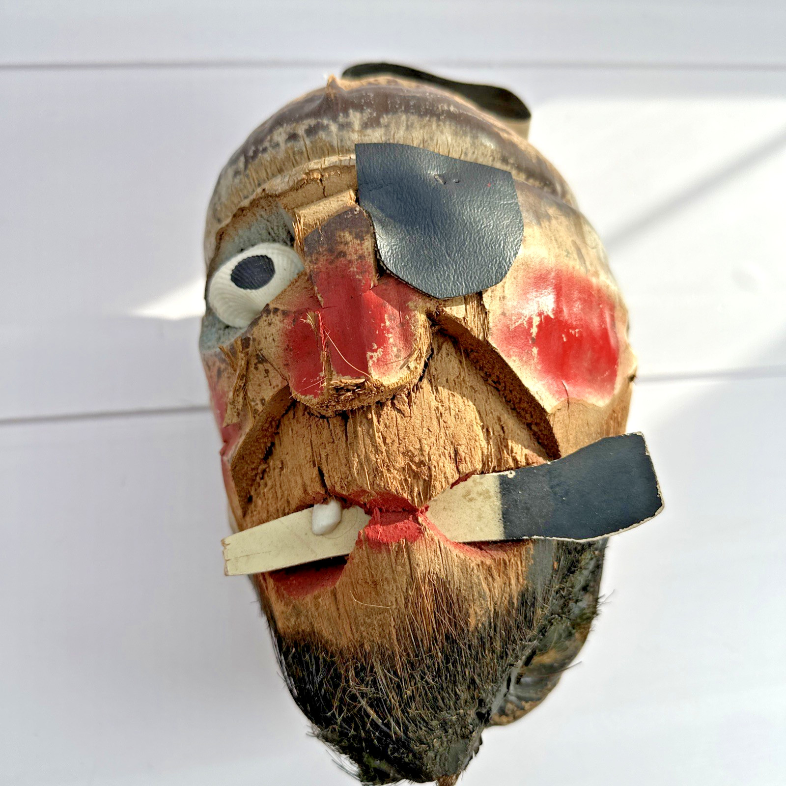 Vintage Hand Carved Coconut Pirate Head W/ Shell Eye Mid Century Tiki Bar Decor