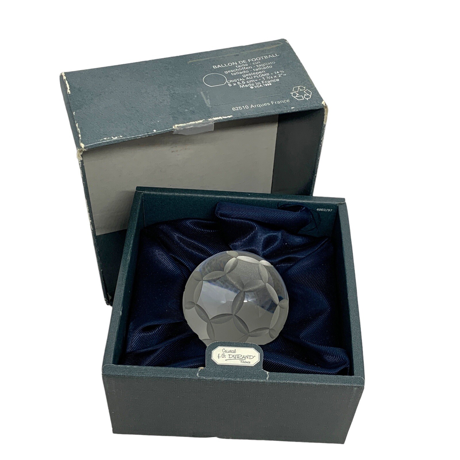 JG DURAND Cut Crystal Soccer Ball France Paperweight Award Clear Frost VTG 1998 JG DURAND Cut Crystal Soccer Ball France Paperweight Award Clear Frost VTG 1998