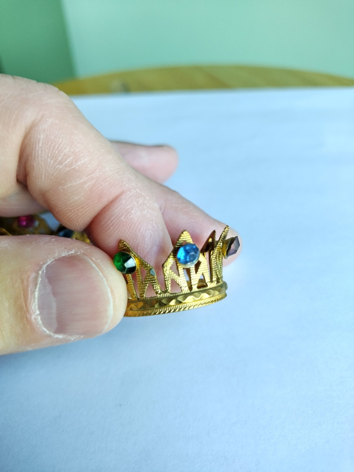 Vintage Miniature Brass Crown Topper Jeweled Rhinestones Doll Statue Craft-Pair