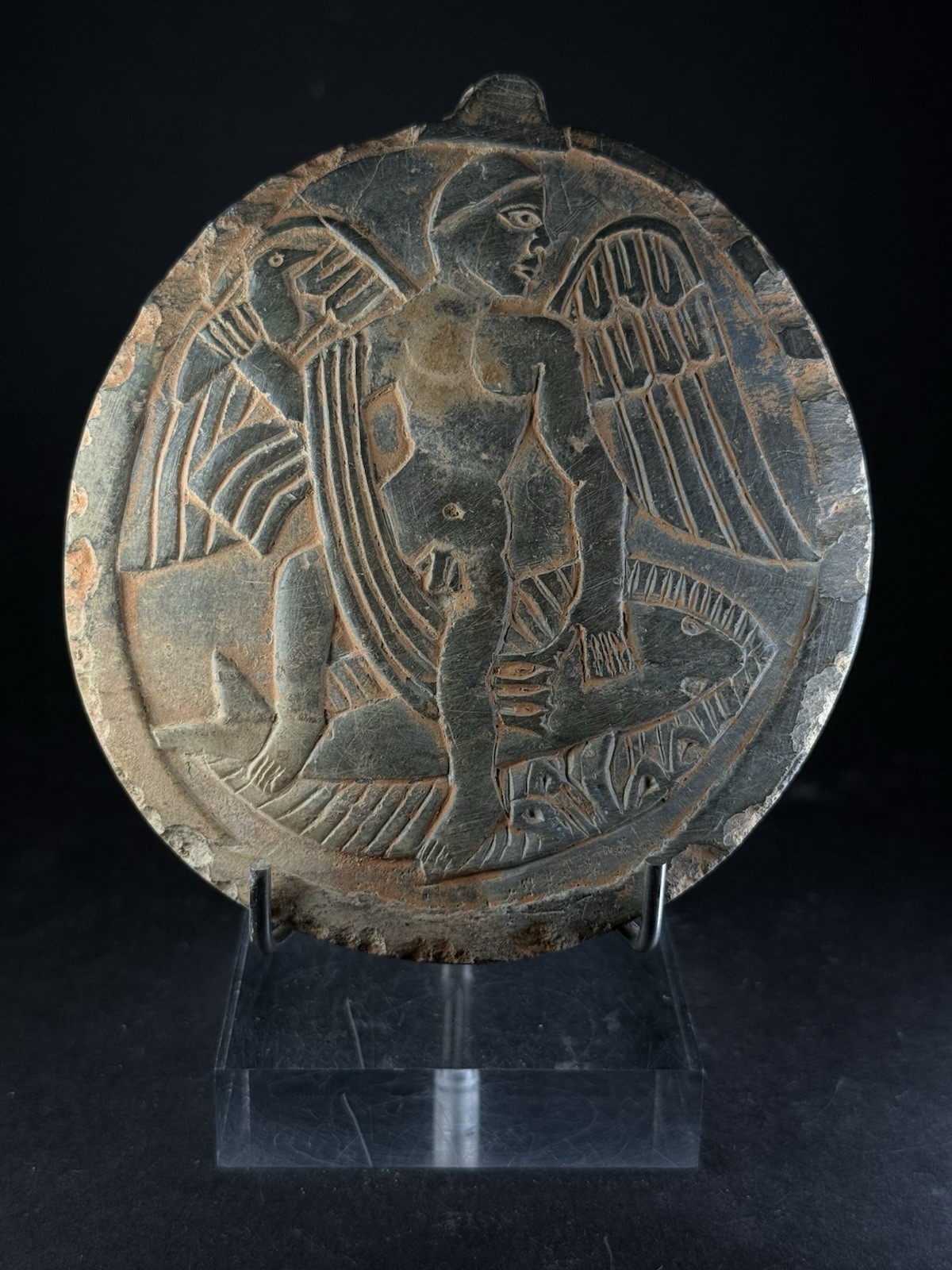 ANCIENT NEAR EASTERN STONE CARVED ROUNDEL WINGED FEMALE DEITY CIRCA 100-200 AD