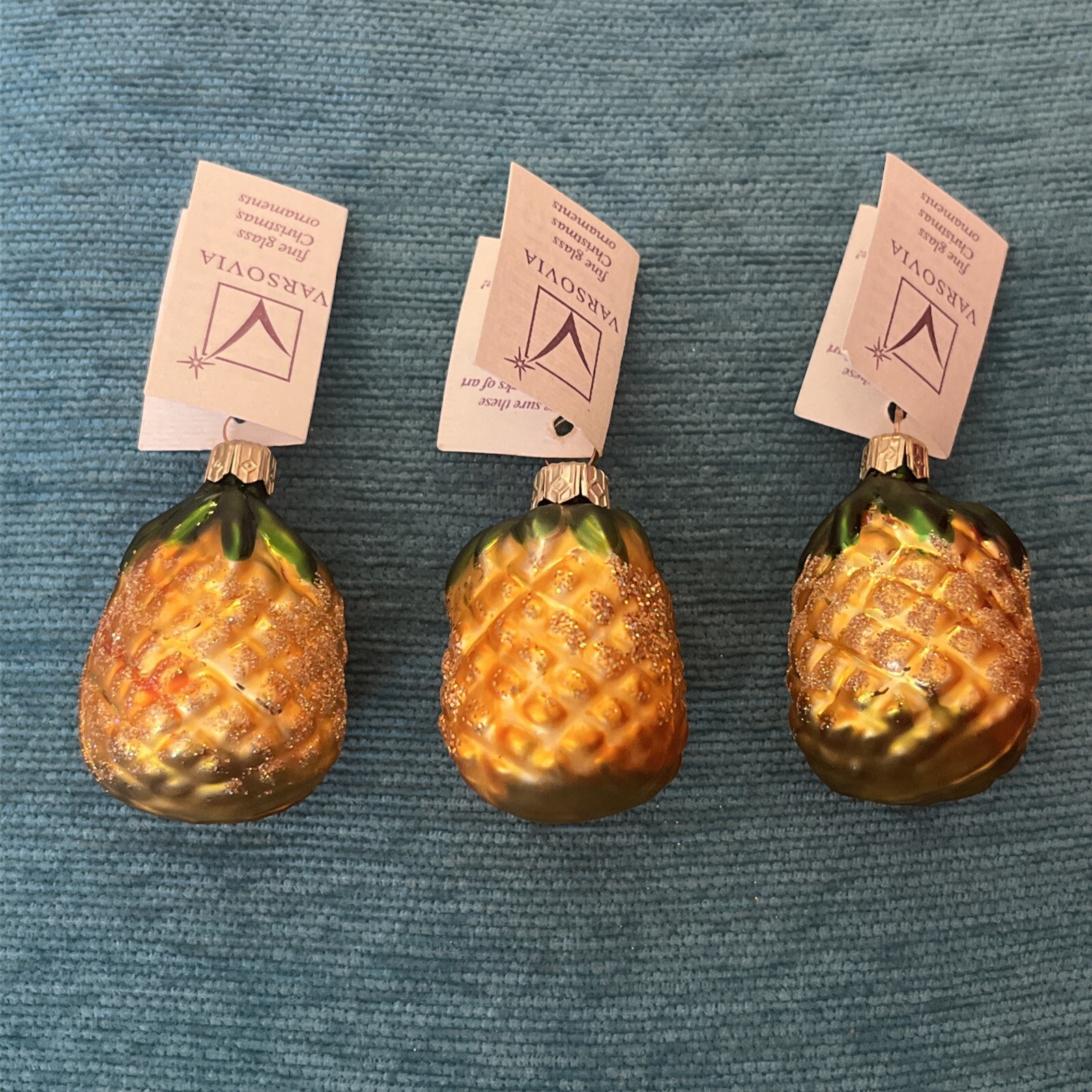 NWT Varsovia Fine Glass Christmas Ornament Lot 3x Pineapples Fruit 2” Poland