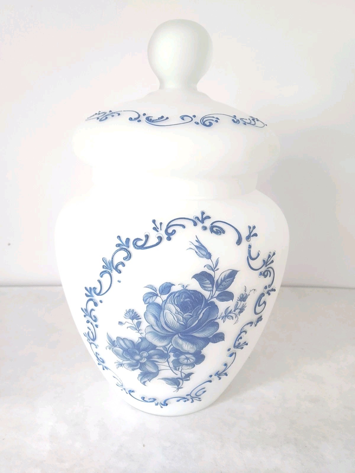 Vintage Norleans White Frosted Glass Apothecary Jar Blue Rose Design Vintage Norleans White Frosted Glass Apothecary Jar Blue Rose Design