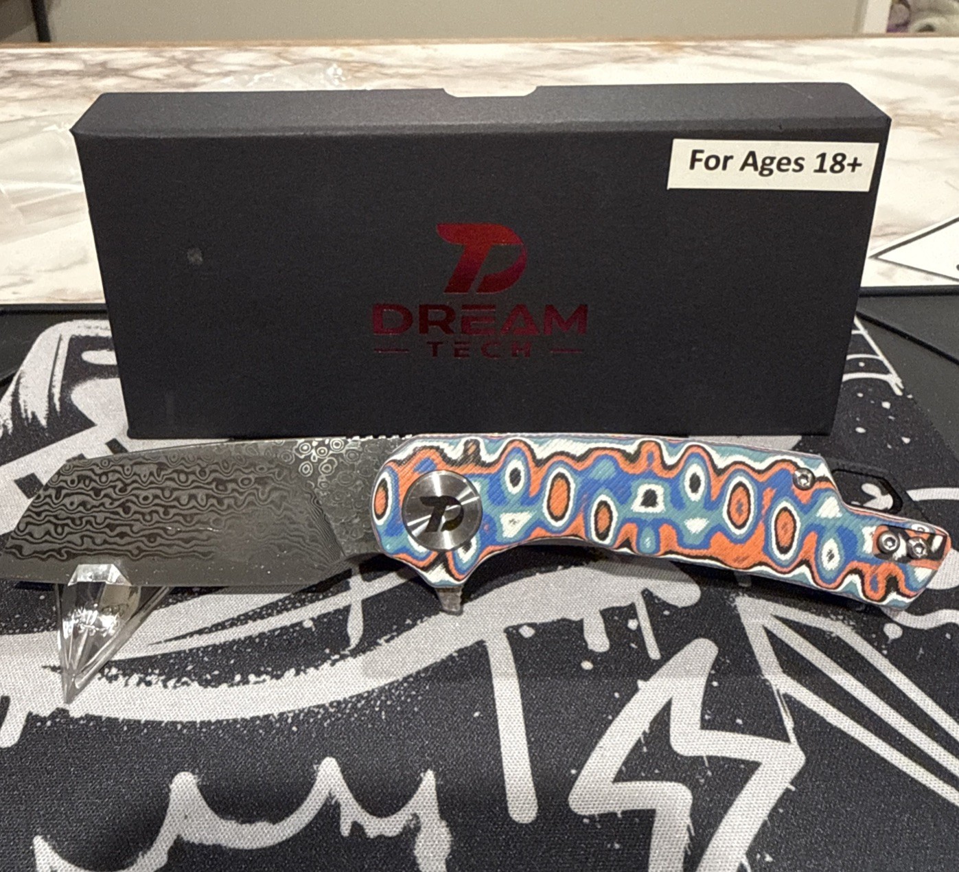 Dream Tech D3599MBO Sheepsfoot Damascus Blade/Ornge/Blue/White Micarta