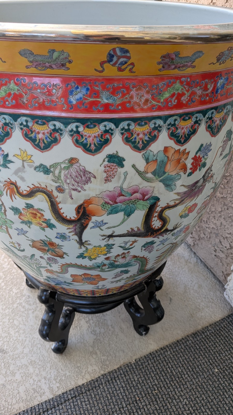 Exquisite Large Singaporean Dragon Fish Bowl Planter & Rosewood Stand. 