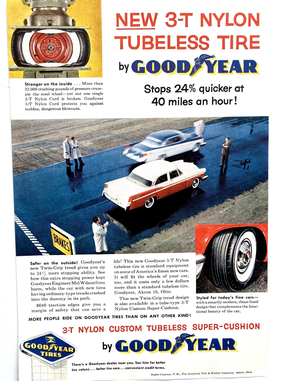 1956 Goodyear Tire Print Ad - 3-T Nylon Custom Tubeless Super Cushion Tire 1956 Goodyear Tire Print Ad - 3-T Nylon Custom Tubeless Super Cushion Tire