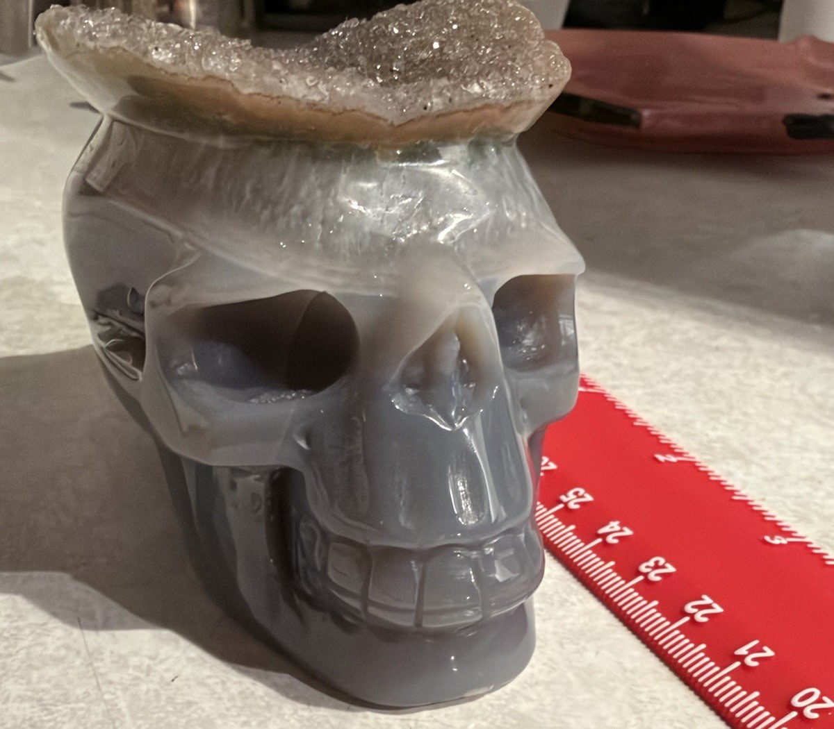 Stunning Banded Agate Crystal Skull with Natural Druzy Quartz Crown – Brand New