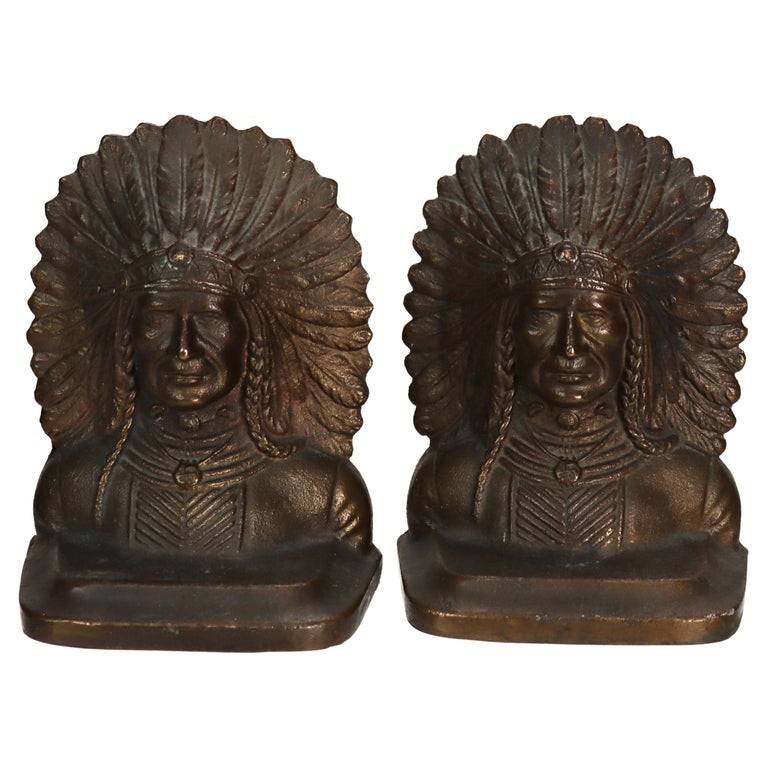 Antique Arts & Crafts Bronze Native American Chief Bookends c1920