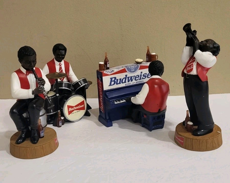 Vintage Enesco Budweiser Piano and 3 Black Jazz  Player 4 Figurines RARE 