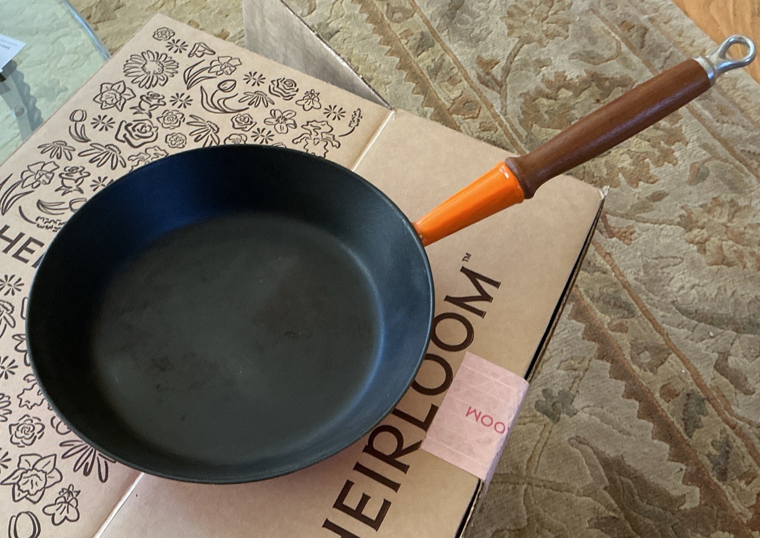 Vintage Le Creuset Orange Enamel Cast Iron Pan Wood Handle 24 France