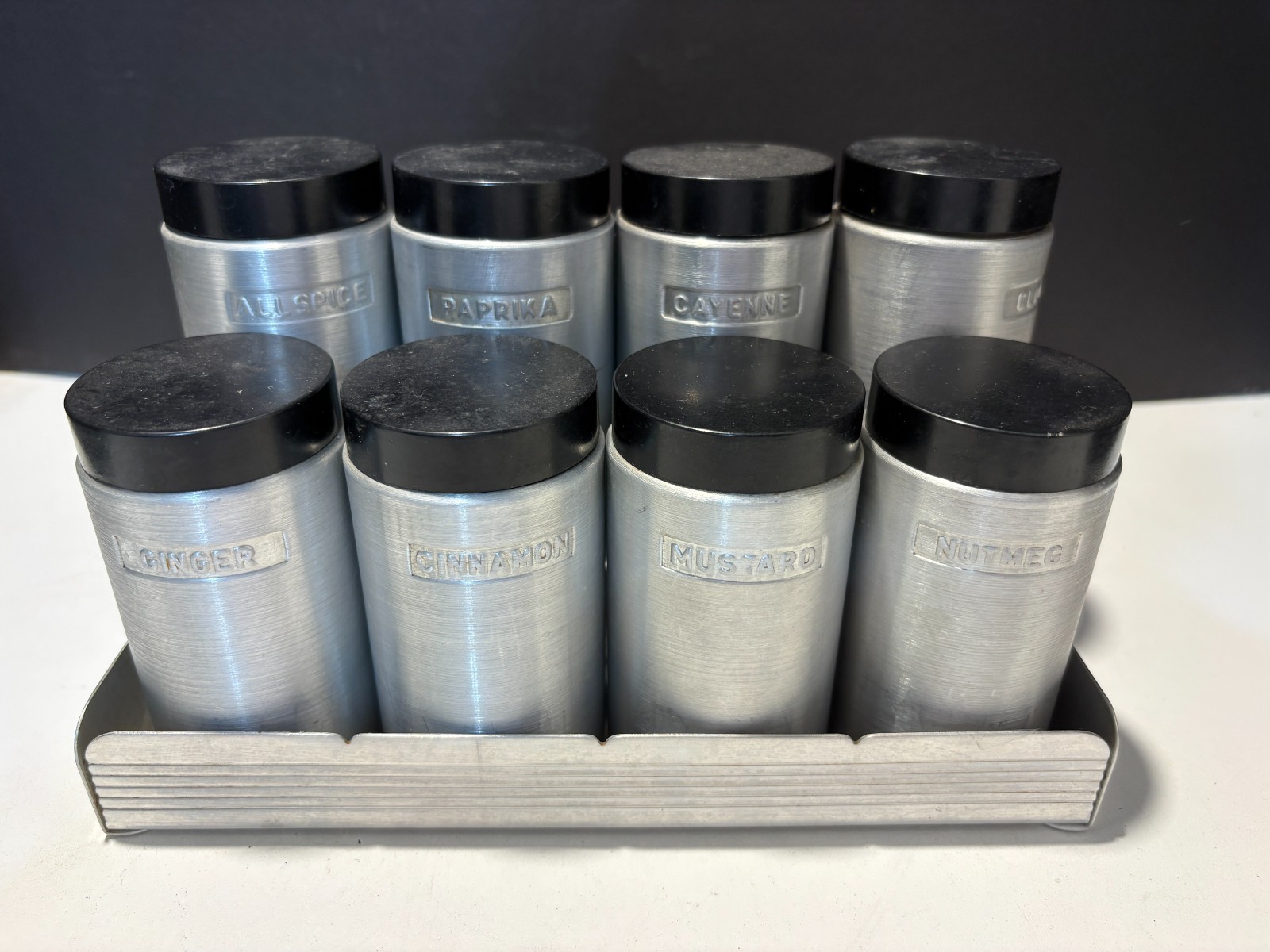 Vintage Mid Century MCM Aluminum 8 Jar Kitchen Spice Rack Set Vintage Mid Century MCM Aluminum 8 Jar Kitchen Spice Rack Set