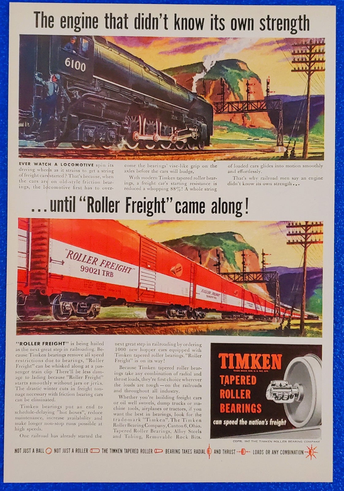 1947 Timken Roller Bearings Train Locomotive Vintage Print Ad Roller Freight 1947 Timken Roller Bearings Train Locomotive Vintage Print Ad Roller Freight
