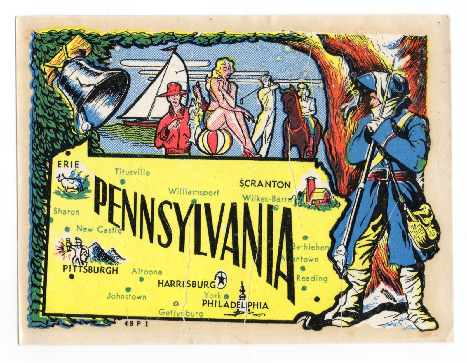 Vintage - Pennsylvania Decal Postcard Liberty Bell, Minuteman - XL1N