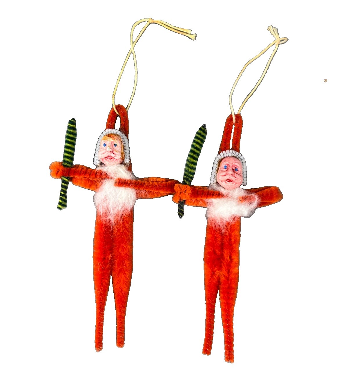 Vintage X2 Christmas Chenille Pipe Cleaner Santa Claus Ornaments Clay Face Vintage X2 Christmas Chenille Pipe Cleaner Santa Claus Ornaments Clay Face