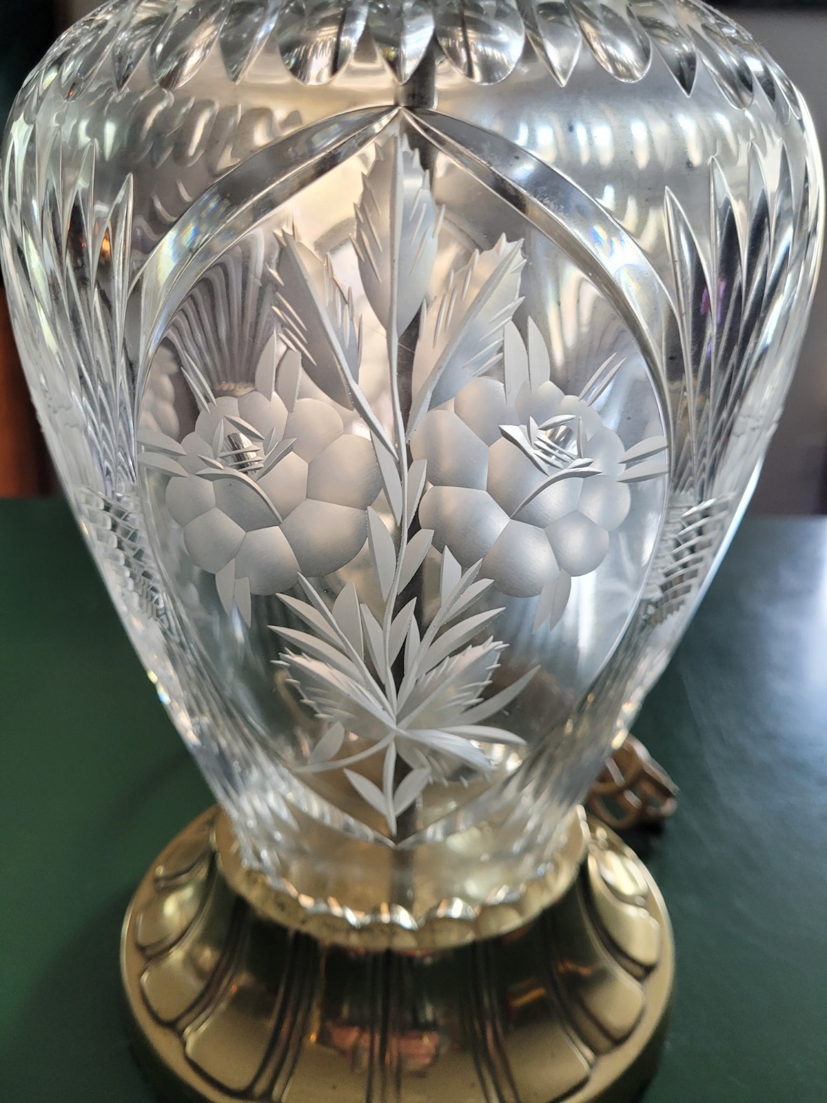 Vintage Hollywood Regency Crystal & Brass Table Lamp Etched Floral Motif-works
