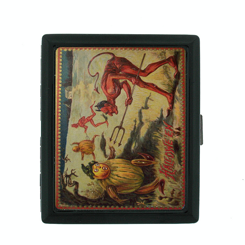 Vintage Halloween D9 Regular Black Cigarette Case / Metal Wallet Old Fashioned