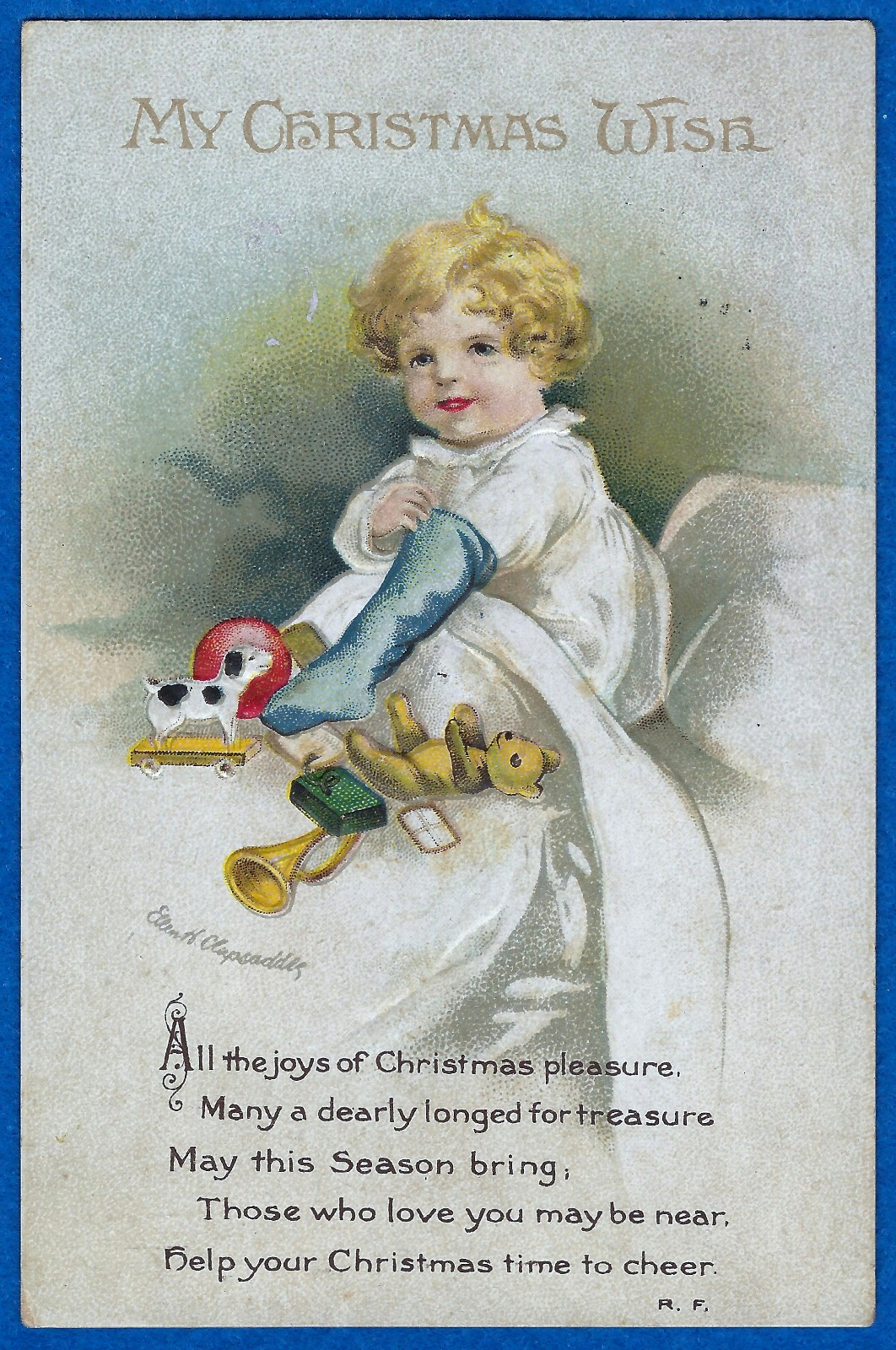 Vtg Clapsaddle Christmas Morning Child Opens Stocking Toys Bed PC A/S Emb c1915
