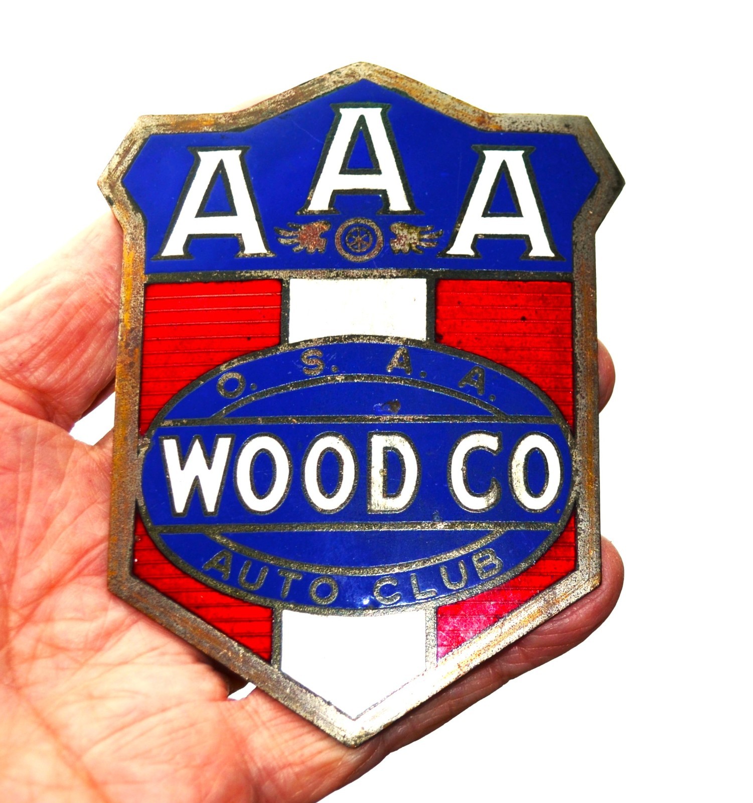 AAA Wood County Ohio (OSAA) Auto Club emblem. Porcelain-Enamel. CA. 1930'S