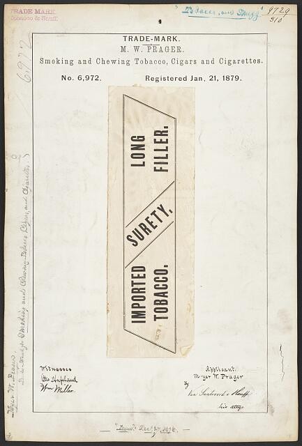 Photo:M W Prager Surety Tobacco Cigars Cigarettes Trade Mark 1879