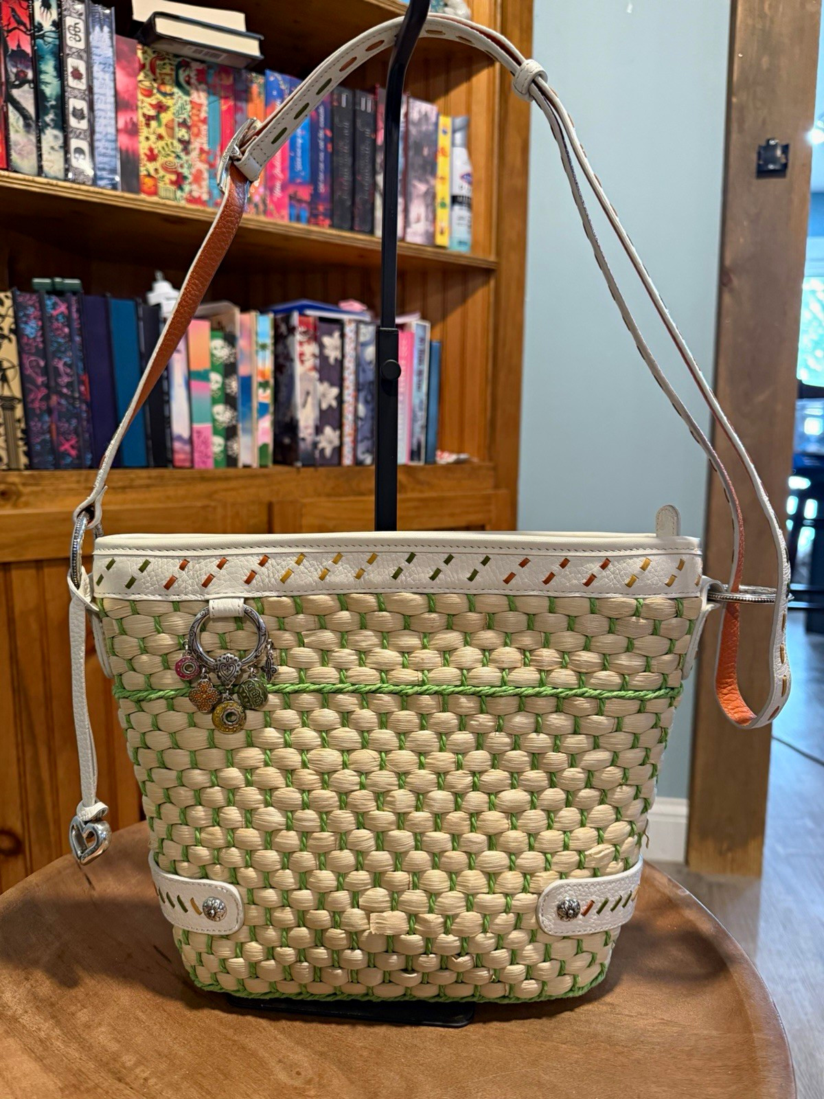 Brighton Woven Wicker/Leather Hanging Basket Purse Floral Lined Charms 11x9