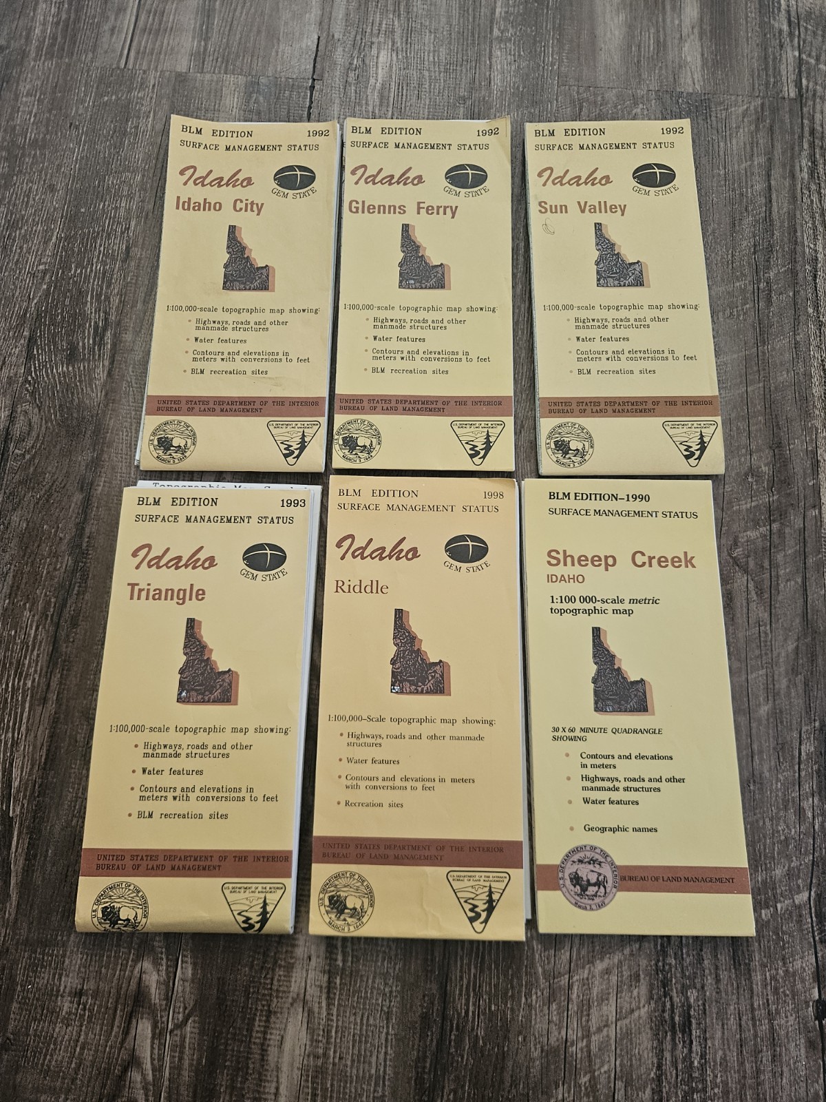 Lot of 6 Vintage Idaho BLM Topographic Maps 1:100,000 Surface Management Status