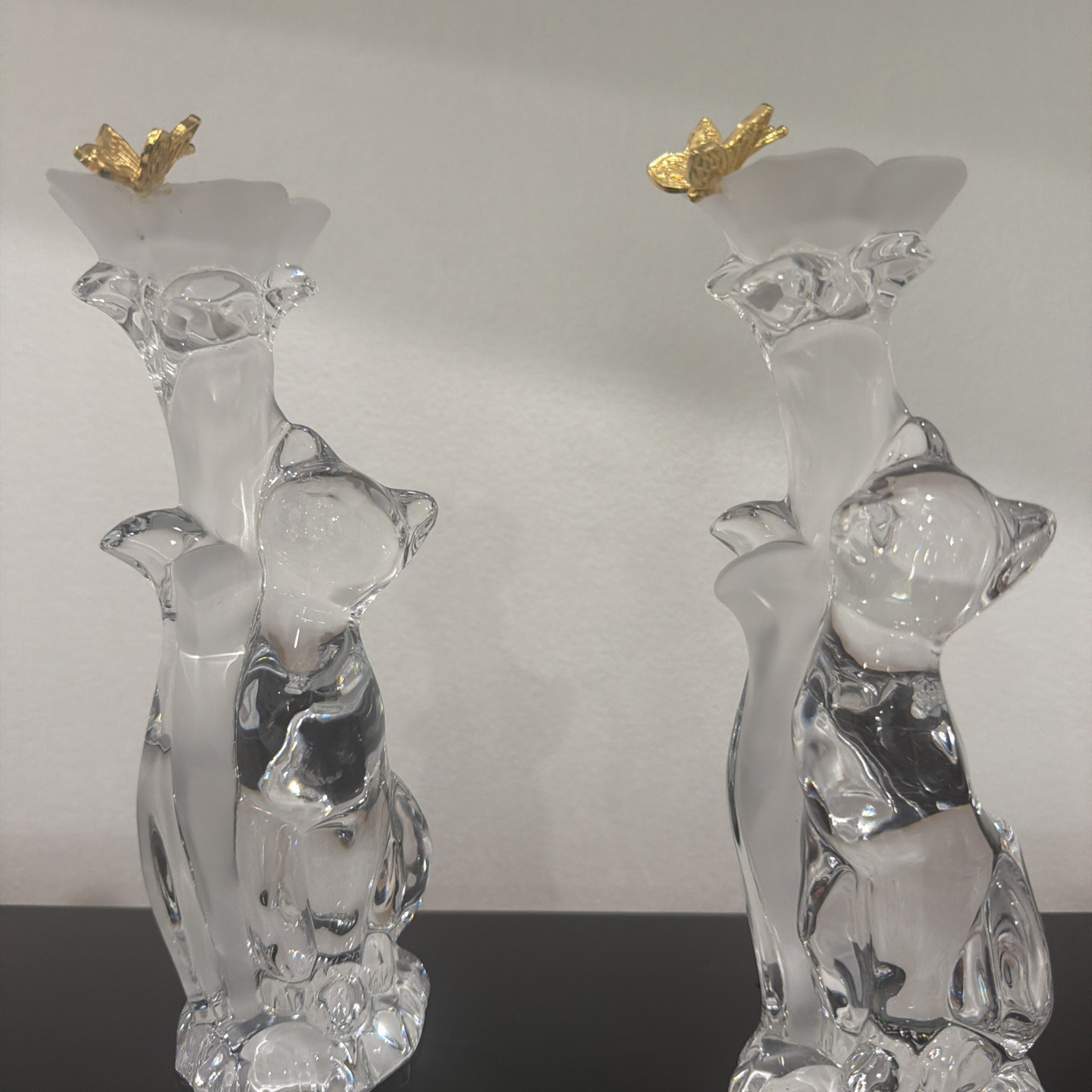 Rare Retired Lenox Crystal Cats Candlesticks  Holder W/gold Butterflies 8\