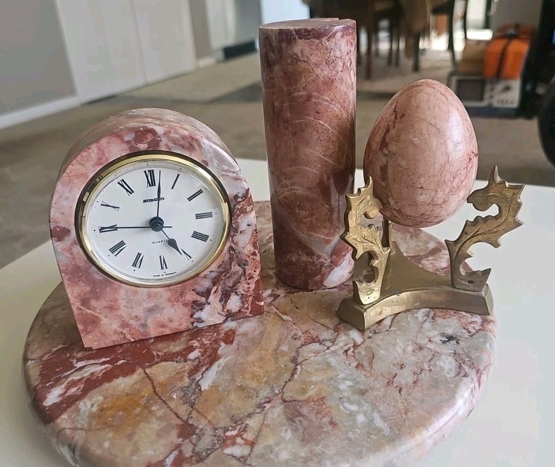 Vintage Staiger Marble Desk Clock Set Pink Onyx Stone Germany Hollywood Regency Vintage Staiger Marble Desk Clock Set Pink Onyx Stone Germany Hollywood Regency